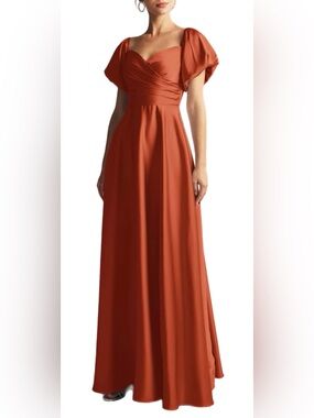 NWOT AW Bridal Satin Charmeuse Puff Sleeve A-Line Tangerine Gown Size 6